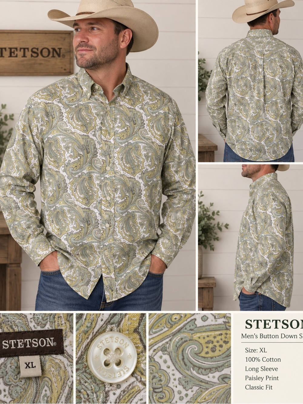 Stetson Olive and White Paisley Long-Sleeve Button-Down Shirt